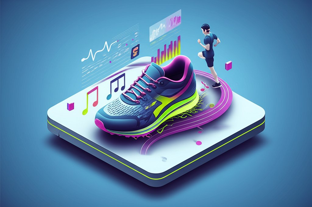Scientific graphic showing how music enhances running stride and performance.