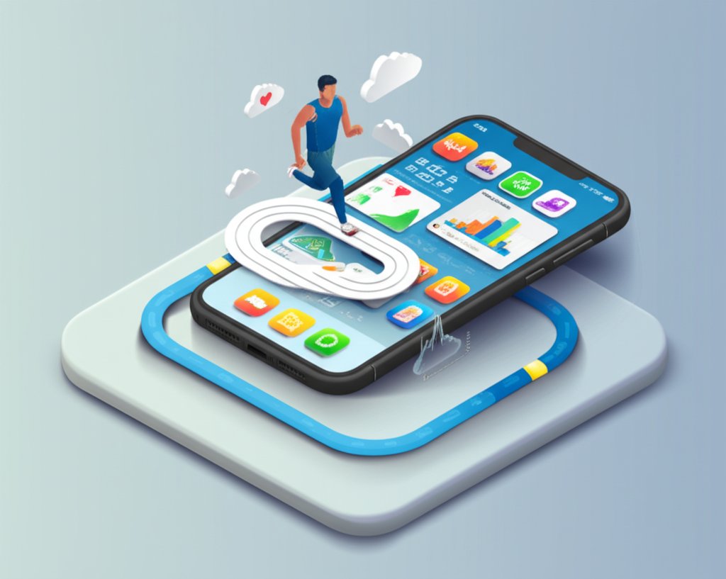 Smartphone screen showing popular running apps with GPS tracking and workout data.